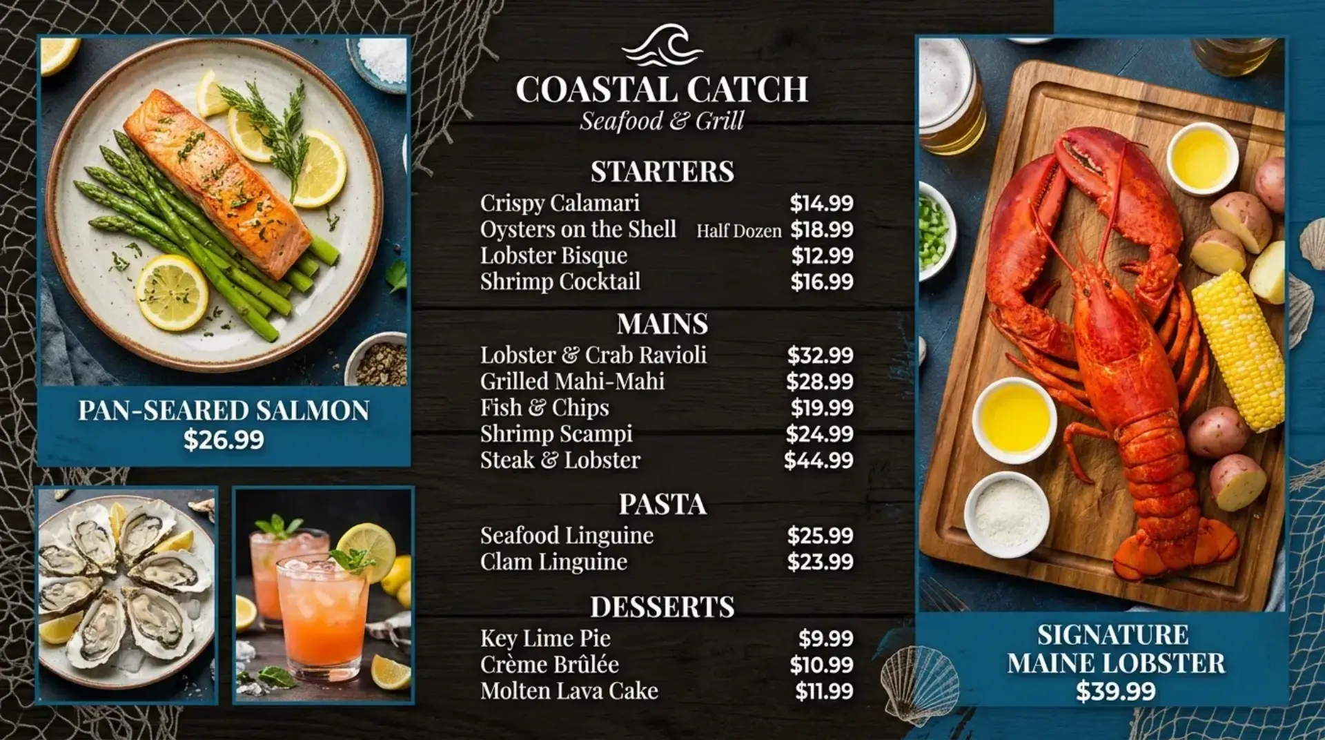 AI-generated coastal seafood restaurant digital menu board with lobster salmon and shellfish