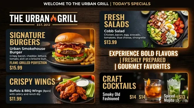 AI-generated urban grill digital menu board with burgers, salads, wings, and craft cocktails