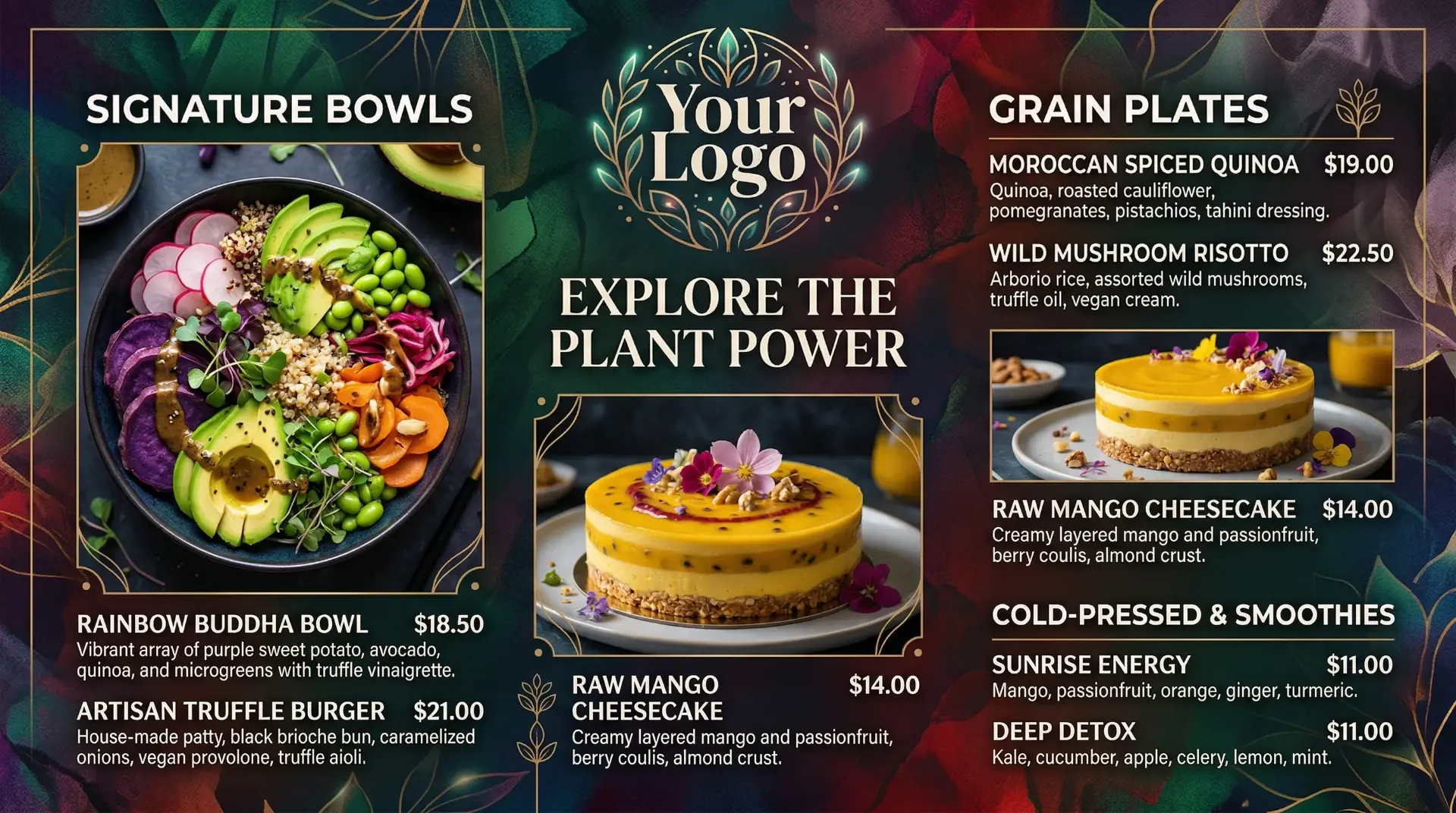 AI-generated vegan and plant-based restaurant digital menu board with colorful healthy dishes