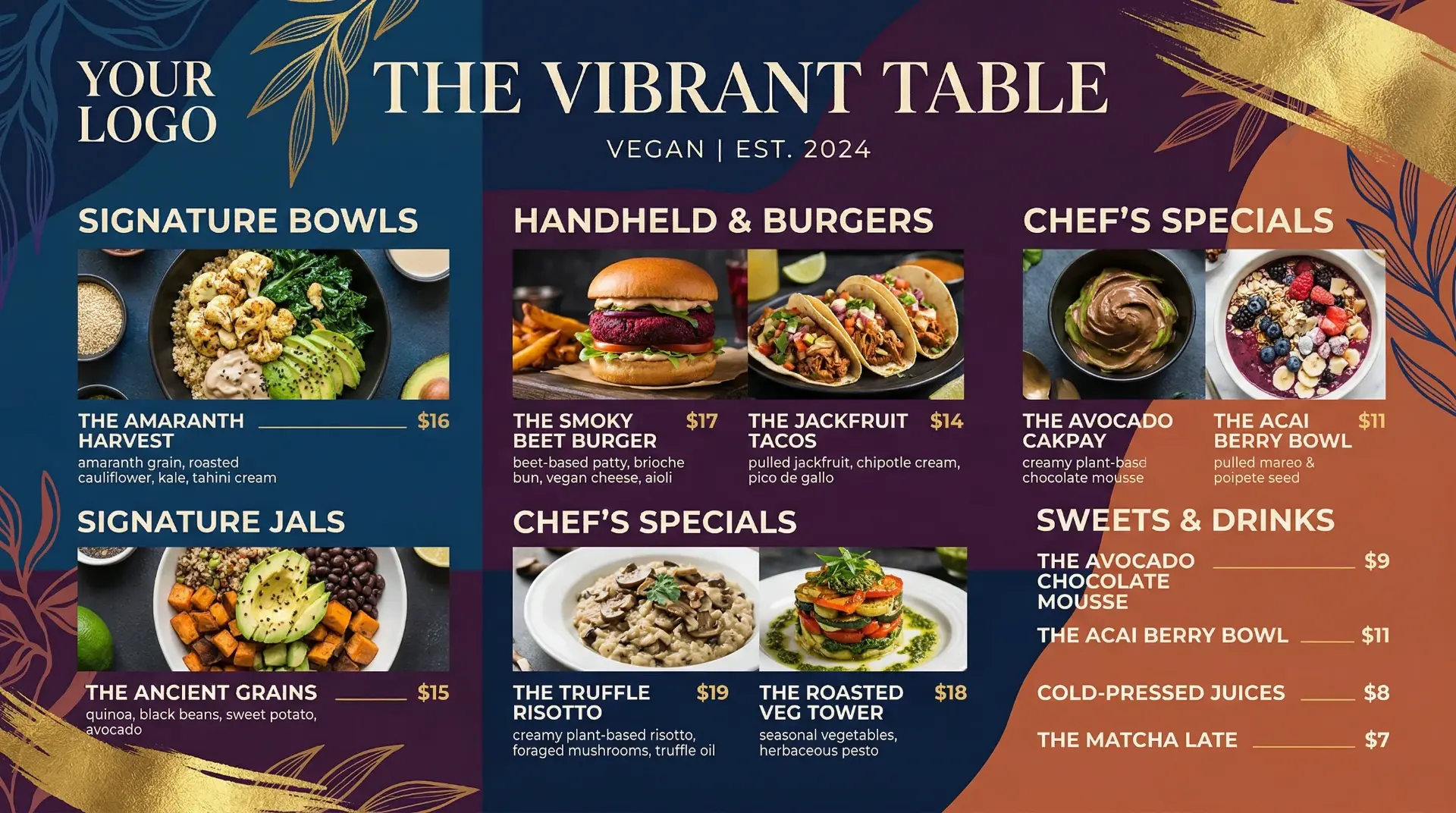 AI-generated vibrant vegan restaurant digital menu board with bowls burgers and plant-based specials