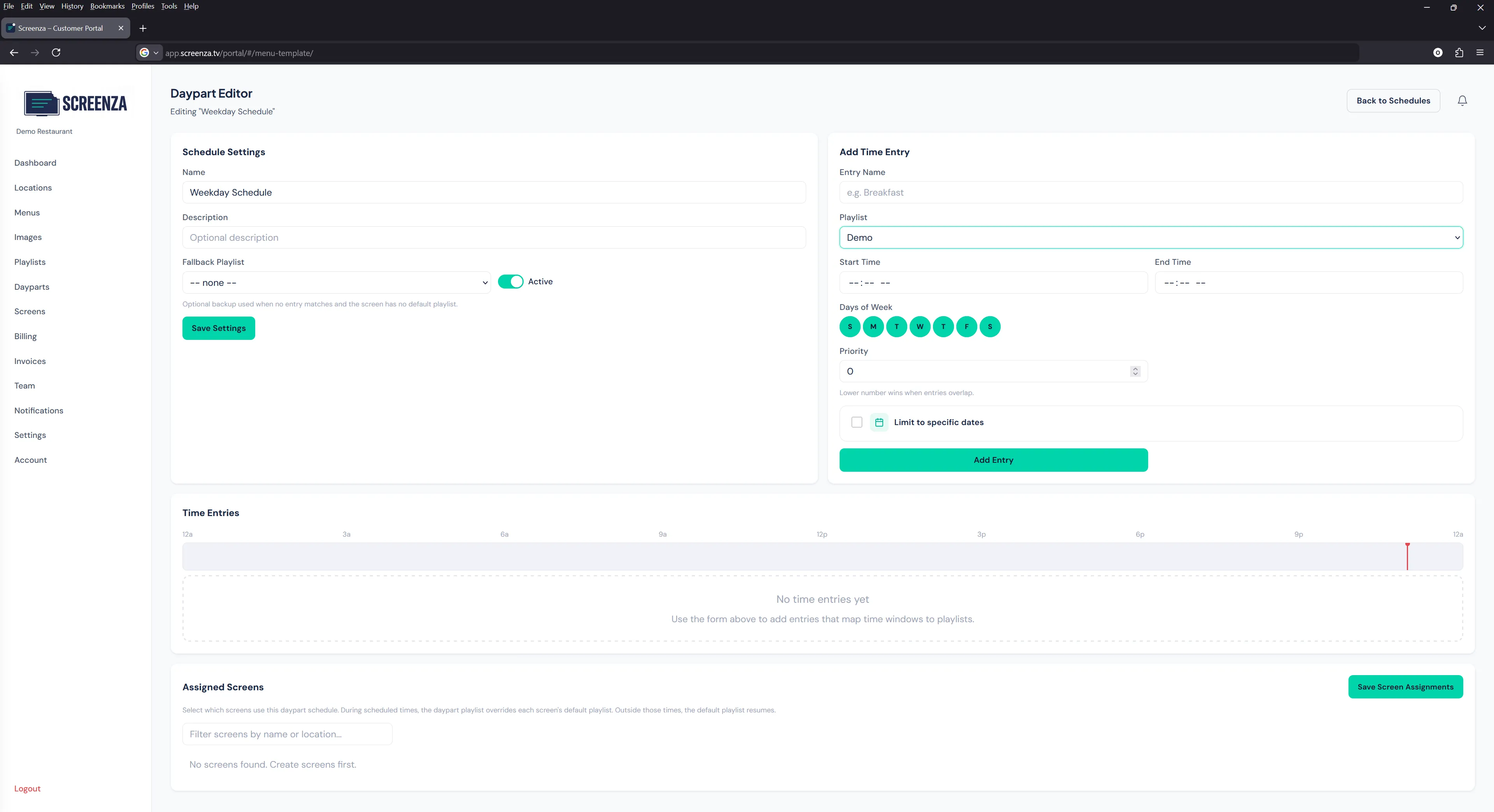 Screenza daypart scheduling editor interface for automated breakfast lunch and dinner menu rotation